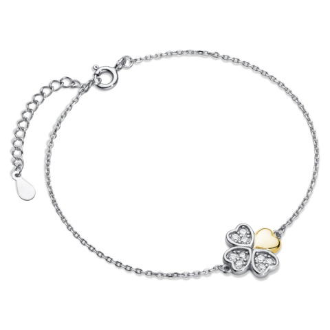Srebrna pr.925 bransoletka z koniczynką, pozłacany listek, Rod || 14K Żółte złoto, 16-19cm regulowany A34